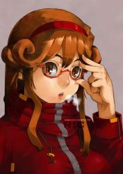 Rule 34 | 1girl, breath, brown eyes, brown hair, glasses, hairband, open mouth, original, recube, solo