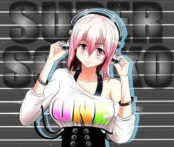 Rule 34 | 1girl, bad id, bad pixiv id, bangle, bare shoulders, bracelet, breasts, clothes writing, corset, headphones, jewelry, large breasts, long hair, nitroplus, o-ring, o-ring top, pink eyes, pink hair, smile, solo, super sonico, xyz (kamikazejap)
