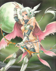 Rule 34 | 1girl, arm up, armor, arrow (projectile), beige capelet, black legwear, blush, bow (weapon), breastplate, bridal gauntlets, capelet, fingernails, greaves, green eyes, green hair, green moon, green sky, green theme, head wings, highres, holding, holding arrow, holding bow (weapon), holding weapon, knight, light green hair, long hair, marker (medium), moon, original, parted lips, ponytail, sasachin (k+w), solo, torn, torn clothes, traditional media, vambraces, vial, weapon, wind, wings