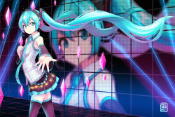Rule 34 | 1girl, aqua eyes, aqua hair, artist name, detached sleeves, floating hair, hand on own chest, hatsune miku, headset, highres, hiroki (hirokiart), long hair, microphone, necktie, outstretched arm, skirt, smile, solo, thighhighs, twintails, very long hair, vocaloid