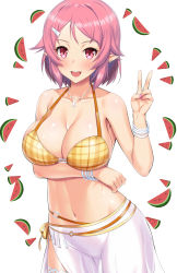 Rule 34 | 1girl, bare shoulders, bikini, blush, bracelet, breasts, cleavage, fairy, food, fruit, hair ornament, highres, jewelry, kawase seiki, large breasts, lisbeth (sao), lisbeth (sao-alo), looking at viewer, nail polish, necklace, open mouth, pink eyes, pink hair, pink nails, pointy ears, short hair, simple background, solo, swimsuit, sword art online, v, watermelon, white background, yellow bikini
