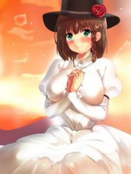 Rule 34 | 1girl, bad id, bad pixiv id, black hat, blush, braid, breasts, brown hair, charlotte corday (fate), charlotte corday (third ascension) (fate), dress, fate/grand order, fate (series), flower, frills, green eyes, hat, hat flower, highres, juliet sleeves, large breasts, long dress, long sleeves, momoiro tanuki, own hands together, puffy sleeves, rose, short hair, side braid, smile, solo, sunset, tears, white dress