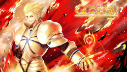Rule 34 | 1boy, armor, bad id, bad pixiv id, blonde hair, cape, character name, command spell, earrings, fate/stay night, fate/zero, fate (series), fire, gilgamesh (fate), jewelry, male focus, red eyes, solo, zerocastle