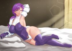 Rule 34 | 1girl, arm up, armpits, bed sheet, breasts, come hither, commission, commissioner upload, detached sleeves, earrings, fire emblem, fire emblem: the binding blade, gloves, headband, jewelry, juno (fire emblem), large breasts, leotard, long hair, looking at viewer, lying, nintendo, on side, open mouth, pillow, ponytail, purple eyes, purple gloves, purple hair, rinku bny, sideboob, smile, thighhighs, wide hips