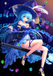 Rule 34 | :d, blue dress, blue eyes, blue hair, bow, breasts, cleavage, detached sleeves, dress, gem, hat, hat bow, hat feather, high heels, highres, jewelry, looking at viewer, medium breasts, necklace, open mouth, original, purple hat, sitting, smile, solo, star (sky), stylus, toshi (1-147), witch hat