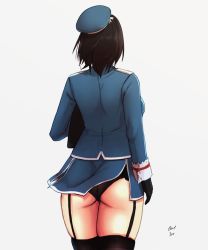 Rule 34 | 10s, 1girl, ass, beret, black gloves, black hair, black panties, black thighhighs, blue hat, blue jacket, breasts, epaulettes, from behind, garter straps, gloves, grey background, hat, hayabusa, jacket, kantai collection, long sleeves, notepad, panties, short hair, skindentation, solo, takao (kancolle), thighhighs, twitter username, underwear