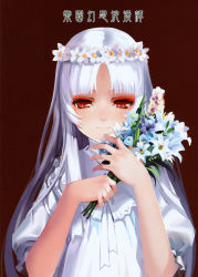 Rule 34 | 1girl, absurdres, albino, alphonse (white datura), bouquet, dress, el (sound horizon), elysion, flower, head wreath, highres, image sample, light smile, long hair, parted bangs, puffy sleeves, red eyes, scan, simple background, solo, sound horizon, translation request, upper body, white dress, white hair