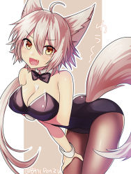 Rule 34 | 1girl, 8931ponzu, :d, ahoge, animal ears, bare shoulders, bent over, black bow, black bowtie, black leotard, blush, bow, bowtie, breast hold, breasts, brown pantyhose, cleavage, detached collar, eyes visible through hair, fang, fox ears, fox girl, fox tail, hair between eyes, large breasts, legs together, leotard, looking at viewer, nontraditional playboy bunny, open mouth, original, outline, pantyhose, playboy bunny, short hair, silver hair, smile, solo, strapless, strapless leotard, tail, twitter username, v-shaped eyebrows, wavy mouth, white outline, wrist cuffs, yellow eyes