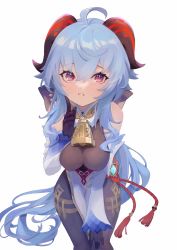 Rule 34 | 1girl, absurdres, ahoge, bare shoulders, bell, black legwear, blue gloves, blue hair, blush, breasts, chinese knot, detached sleeves, finger to mouth, flower knot, ganyu (genshin impact), genshin impact, gloves, gold trim, highres, horns, large breasts, leaning forward, long hair, looking at viewer, low ponytail, neck bell, purple eyes, sidelocks, smile, solo, tassel, thighlet, thighs, vision (genshin impact), white background, white sleeves, wudiyuzhouxiaohuanxiong
