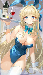 Rule 34 | 1girl, animal ears, bare shoulders, blonde hair, blue archive, blue bow, blue bowtie, blue eyes, blue hairband, blue leotard, blush, bottle, bow, bowtie, breasts, commentary, cowboy shot, cup, detached collar, drinking glass, earpiece, expressionless, fake animal ears, groin, hair intakes, hairband, han mao ji moki, highleg, highleg leotard, highres, holding, holding tray, large breasts, leotard, long hair, looking at viewer, official alternate costume, parted lips, playboy bunny, rabbit ears, solo, strapless, strapless leotard, thighhighs, toki (blue archive), toki (bunny) (blue archive), traditional bowtie, tray, undersized breast cup, very long hair, white thighhighs, wine bottle, wine glass, wrist cuffs