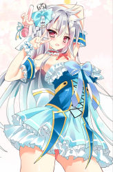Rule 34 | 1girl, arm behind head, bare shoulders, blue dress, blush, bow, charlotte labpeyn, choker, dress, embarrassed, frilled choker, frilled dress, frills, hair bow, highres, izure shinwa no houkago sensou, long hair, looking at viewer, microphone, mpeg7, red eyes, silver hair, solo, strapless, strapless dress, v, youta