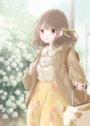Rule 34 | 1girl, arm up, backpack, bag, blouse, blush, brown coat, brown eyes, bush, coat, commentary request, cowboy shot, day, floral print, flower, hair ribbon, highres, hoshiibara mato, light brown hair, looking at viewer, medium hair, open clothes, open coat, open mouth, original, outdoors, power lines, ribbon, rolling suitcase, shirt, skirt, solo, standing, suitcase, swept bangs, utility pole, white shirt, yellow ribbon, yellow skirt