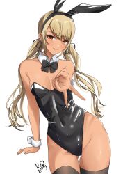 Rule 34 | 1girl, :q, animal ears, artist name, bare shoulders, black leotard, black ribbon, blonde hair, bow, bowtie, breasts, contrapposto, covered navel, cowboy shot, dark-skinned female, dark skin, detached collar, ear piercing, earrings, fake animal ears, fake tail, gluteal fold, gyaru, gyaru v, hair ribbon, highleg, highleg leotard, highres, jewelry, kaminari qpi, leotard, long hair, looking at viewer, low twintails, medium breasts, orange eyes, piercing, playboy bunny, rabbit ears, rabbit tail, ribbon, simple background, solo, strapless, strapless leotard, swept bangs, syyn (syyndev), tail, tongue, tongue out, traditional bowtie, twintails, v, very long hair, virtual youtuber, vspo!, white background, wing collar, wrist cuffs