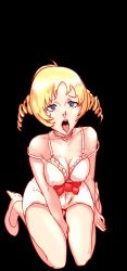 Rule 34 | 1girl, blonde hair, blue eyes, breasts, catherine, catherine (game), choker, cleavage, demon girl, drill hair, female focus, full body, high heels, highres, lipstick, makeup, medium breasts, open mouth, ribbon, sitting, solo, tongue, tongue out, twin drills, twintails