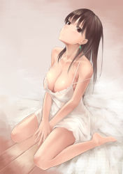 Rule 34 | 1girl, bare legs, bare shoulders, barefoot, between legs, blush, breasts, brown eyes, brown hair, cleavage, closed mouth, collarbone, dress, earrings, full body, gradient background, grey background, halter dress, halterneck, hand between legs, highres, jewelry, large breasts, long hair, original, own hands together, rure, sitting, sleeveless, sleeveless dress, solo, v arms, wariza, white dress