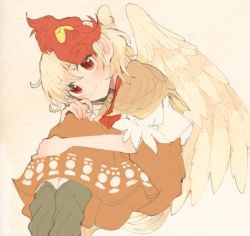 Rule 34 | 1girl, animal, animal on head, bird, bird girl, bird on head, bird tail, bird wings, blonde hair, blush, boots, brown capelet, brown dress, brown footwear, capelet, chick, closed mouth, dress, feathered wings, feet out of frame, from side, hair behind ear, hair between eyes, hand on own knee, hand up, head tilt, hugging own legs, itomugi-kun, knees up, legs together, long dress, looking at viewer, looking to the side, neckerchief, niwatari kutaka, on head, puffy short sleeves, puffy sleeves, red eyes, red neckerchief, sepia background, short hair, short sleeves, simple background, sitting, smile, solo, tail, touhou, wings, yellow tail, yellow wings