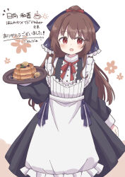 Rule 34 | 1girl, absurdres, apron, arm at side, black dress, blue bow, bow, brown hair, center frills, colon br, commission, cowboy shot, dress, food, frilled apron, frilled shirt, frills, hair bow, highres, holding, holding plate, long hair, long sleeves, looking at viewer, maid, original, pancake, pancake stack, plate, ponytail, red eyes, shirt, sidelocks, simple background, skeb commission, solo, straight hair, white apron, white background, white shirt
