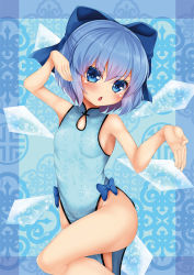 Rule 34 | 1girl, alternate costume, bare arms, bare shoulders, blue eyes, blue hair, bow, breasts, chestnut mouth, china dress, chinese clothes, cirno, daichi (tokoya), dress, hair bow, ice, ice wings, looking at viewer, matching hair/eyes, no bra, no panties, open mouth, pelvic curtain, short hair, side slit, sleeveless, sleeveless dress, small breasts, solo, standing, standing on one leg, tokoya, touhou, wings