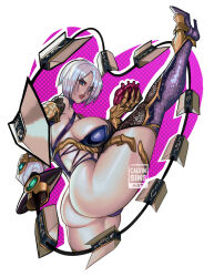 Rule 34 | 1girl, ass, breasts, calvin sims, cleavage, flail, from behind, huge ass, isabella valentine, kicking, large breasts, leotard, namco, revealing clothes, short hair, solo, soul calibur, standing, standing on one leg, sword, thong leotard, unfinished, weapon, whip, whip sword, white hair