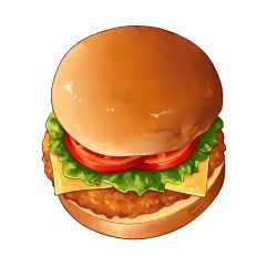Rule 34 | artist name, burger, cheese, dated, food, food focus, fried chicken, highres, lettuce, meikitefuka, no humans, original, realistic, simple background, still life, tomato, tomato slice, white background