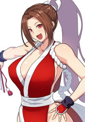 Rule 34 | 1girl, bare shoulders, breasts, brown eyes, brown hair, center opening, cleavage, collarbone, dress, fatal fury, folding fan, forehead, hand fan, high ponytail, highres, holding, holding fan, japanese clothes, large breasts, long hair, looking at viewer, ninja, parted bangs, pelvic curtain, pononozo, ponytail, red dress, sash, shiranui mai, sideboob, smile, solo, the king of fighters