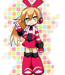 Rule 34 | 1girl, android, blonde hair, call (mighty no. 9), call f, dress, eyebrows, fingerless gloves, gloves, green eyes, hairband, headphones, jacket, long hair, mighty no. 9, no humans, ponytail, ribbon, robot, shirt, smile, solo