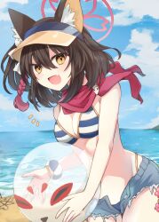 Rule 34 | 1girl, animal ear fluff, animal ears, ball, beach, beachball, bikini, blue archive, blue sky, bracelet, breasts, brown hair, cleavage, cloud, commentary, fang, fox ears, hair between eyes, halo, holding, holding ball, izuna (blue archive), izuna (swimsuit) (blue archive), jewelry, looking at viewer, medium breasts, medium hair, midriff, misoradeko, open fly, open mouth, red scarf, scarf, short shorts, shorts, sidelocks, sky, striped bikini, striped clothes, swimsuit, visor cap, water, yellow eyes