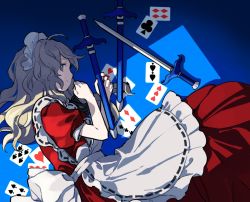 Rule 34 | 1girl, ace (playing card), ace of clubs, ace of hearts, ahoge, apron, blonde hair, blue background, card, club (shape), commentary, diamond (shape), dress, frilled apron, frills, hands up, heart, holding, holding weapon, kaigen 1025, long dress, long hair, looking at viewer, lying, maid apron, maid headdress, on side, playing card, profile, puffy short sleeves, puffy sleeves, red dress, ribbon-trimmed apron, ribbon trim, sash, shadow, sheath, sheathed, short sleeves, short sword, solo, spade (shape), sword, touhou, touhou (pc-98), weapon, white sash, yellow eyes, yumeko (touhou)