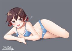 Rule 34 | 1girl, blue bra, blue panties, blush, bra, breasts, crossed legs, gradient background, grey background, hair between eyes, heart, ishida arata, kantai collection, looking at viewer, looking back, lying, mutsuki (kancolle), navel, open mouth, panties, small breasts, smile, solo, underwear, underwear only