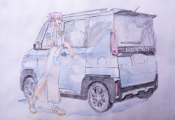 Rule 34 | 1girl, aria (manga), arm behind back, blue bow, blue bowtie, blue car, blue gloves, bow, bowtie, cwind, dress, eyelashes, full body, gloves, gold trim, heel up, impossible clothes, impossible dress, mitsubishi delica mini, mitsubishi motors, mizunashi akari, open mouth, pink hair, print dress, sailor collar, shadow, short hair with long locks, short sleeves, side slit, single glove, sketch, solo, standing, traditional media, vehicle focus, white dress, white footwear