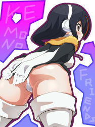 Rule 34 | 10s, 1girl, ass, awa, bent over, black jacket, blush, boots, closed mouth, commentary request, copyright name, covering privates, covering ass, cowboy shot, drawstring, emperor penguin (kemono friends), english text, hair over one eye, headphones, highleg, highleg leotard, highres, hood, hoodie, jacket, kemono friends, leotard, light frown, long hair, looking at viewer, looking back, multicolored hair, open clothes, open hoodie, partial commentary, solo, standing, streaked hair, thigh boots, thighhighs, white footwear, white leotard