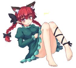 Rule 34 | 1girl, animal ears, bare legs, barefoot, black bow, black ribbon, blush, bow, braid, breasts, cat ears, cat tail, closed mouth, convenient leg, dress, extra ears, frilled dress, frilled sleeves, frills, green dress, hair bow, isaki (gomi), juliet sleeves, kaenbyou rin, knees together feet apart, leg ribbon, leg strap, long hair, long sleeves, medium breasts, multiple tails, nekomata, no panties, pointy ears, puffy sleeves, red eyes, red hair, ribbon, simple background, sitting, smile, solo, tail, touhou, twin braids, two tails, white background