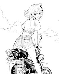 Rule 34 | 1girl, absurdres, closed mouth, cloud, commentary request, fqnrxj, greyscale, hair ribbon, highres, honda, license plate, looking at viewer, looking back, lycoris recoil, monochrome, motor vehicle, motorcycle, nishikigi chisato, on motorcycle, ribbon, shirt, short hair, short sleeves, shorts, simple background, smile, solo, split mouth, tied shirt