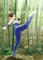 Rule 34 | 1girl, ass, bad id, bad pixiv id, bamboo, bamboo forest, bodysuit, brown hair, capcom, chun-li, ex hk, female focus, forest, full body, highres, muscular, nature, outdoors, solo, street fighter