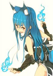 Rule 34 | 1girl, animal ears, bare shoulders, blue fire, blue hair, fire, fox ears, fox tail, gauntlets, long hair, nosuku, open mouth, orange eyes, original, ribbon, simple background, solo, tail, white background