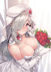 Rule 34 | 1girl, aningay, bouquet, breasts, bride, cleavage, collarbone, commentary, dress, elbow gloves, flower, g36c (girls&#039; frontline), g36c (you who steps up) (girls&#039; frontline), girls&#039; frontline, gloves, hair over one eye, highres, holding, holding bouquet, large breasts, long hair, looking at viewer, md5 mismatch, official alternate costume, red eyes, resolution mismatch, solo, source larger, wedding dress, white dress, white gloves, white hair