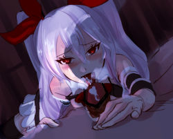 Rule 34 | 1girl, ahegao, azur lane, bed, blush, cum, gloves, highres, open mouth, oral, penis, red eyes, steam, sweat, tongue, tongue out, valtor, vampire (azur lane), white hair