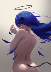 Rule 34 | 1girl, absurdres, arknights, ass, blue eyes, blue hair, breasts, commentary request, floating hair, gradient background, grey background, halo, highres, horns, jns, jojo no kimyou na bouken, jojo pose, long hair, medium breasts, mostima (arknights), nude, solo, stardust crusaders, tail, upper body