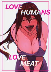 Rule 34 | 1girl, absurdres, akizuki (17769498), bare shoulders, blood, blood on breasts, blood on face, blush, border, breasts, brown hair, chromatic aberration, cleavage, cowboy shot, dress, english text, extra teeth, facing viewer, floating hair, half updo, highres, large breasts, leaning forward, long hair, nayoro (oide yo mahou shoujo mura), oide yo mahou shoujo mura, open mouth, pink border, purple dress, sharp teeth, sidelocks, simple background, sleeveless, sleeveless dress, smile, solo, spaghetti strap, strap slip, teeth, v arms, white background