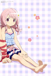 Rule 34 | 1girl, 1other, absurdres, bare arms, bare legs, barefoot, blue skirt, bound, bound arms, bow, collarbone, doily, dot nose, feet, fingernails, floral background, floral print, flower, full body, hair flower, hair ornament, hair ribbon, hair tie, halterneck, hand on own knee, happy, highres, interlocked fingers, jewelry, knee blush, light blue background, light blush, looking at viewer, magia record: mahou shoujo madoka magica gaiden, mahou shoujo madoka magica, medium hair, midriff peek, nail polish, official art, on ground, out of frame, pink bow, pink eyes, pink hair, pink nails, plaid, plaid background, quad tails, red ribbon, ribbon, ribbon bondage, ring, shadow, shiny skin, shiotsuki kazuya, side-by-side, simple background, sitting, skirt, smile, soles, solo focus, spaghetti strap, striped clothes, striped skirt, striped tank top, swept bangs, tamaki ui, tank top, tareme, toes, two-tone background, two-tone skirt, waist bow, white background, white flower, white skirt