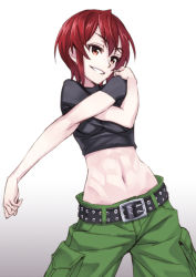 Rule 34 | 1girl, abs, bad id, bad pixiv id, belt, brown eyes, cowboy shot, kaibutsu oujo, matsuryuu, midriff, navel, parted lips, red hair, riza wildman, short hair, simple background, smile, solo, stretching, white background