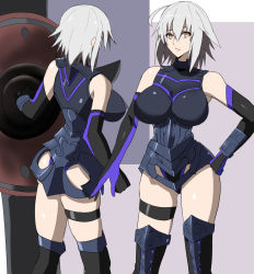 Rule 34 | 1girl, ahoge, armor, bodysuit, breasts, fate/grand order, fate (series), grey hair, highres, holding, holding shield, holding weapon, jeanne d&#039;arc alter (avenger) (fate), jeanne d&#039;arc alter (fate), large breasts, looking at viewer, mash kyrielight, open mouth, shield, short hair, skirt, smile, solo, takara joney, weapon, yellow eyes