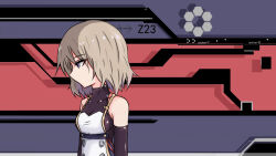 Rule 34 | 1girl, arrow (symbol), azur lane, black sleeves, blue background, breasts, brown hair, character name, collarbone, commentary request, covered collarbone, detached sleeves, highres, long sleeves, medium breasts, no mouth, profile, purple eyes, rock zinc, solo, upper body, z23 (azur lane)