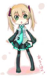 Rule 34 | 1girl, bad id, bad pixiv id, blonde hair, boots, chibi, cosplay, detached sleeves, female focus, full body, green eyes, hatsune miku, hatsune miku (cosplay), kuta (maka), long hair, lowres, maka albarn, microphone, necktie, skirt, solo, soul eater, thigh boots, thighhighs, twintails, vocaloid