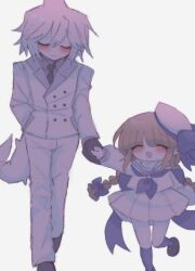 Rule 34 | 1boy, 1girl, absurdres, blue bow, blush, bow, brown hair, candyseru, carrying, carrying person, closed eyes, colored skin, dress, fins, fish tail, formal, funamusea, hand grab, hat, highres, oounabara to wadanohara, pointy ears, red eyes, sailor dress, shark boy, shark fin, shark tail, size difference, smile, suit, syake (funamusea), tail, wadanohara, white hair, white skin