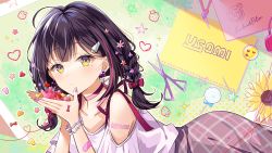 Rule 34 | 1girl, absurdres, ahoge, bare shoulders, black hair, bow, braid, brown skirt, closed mouth, clothing cutout, commentary request, copyright request, earrings, flower, hair bow, hair flower, hair ornament, hairclip, hands up, heart, highres, holding, jewelry, looking at viewer, multicolored hair, myusha, nail polish, pink flower, pink hair, pink nails, plaid, plaid skirt, purple bow, purple flower, rabbit earrings, red flower, scissors, shirt, short sleeves, shoulder cutout, skirt, solo, sparkle, star (symbol), streaked hair, sunflower, twin braids, virtual youtuber, white shirt, yellow eyes, yellow flower
