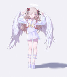 Rule 34 | 1girl, angel, angel wings, blush, bow, chouzetsusaikawa tenshi-chan, chouzetsusaikawa tenshi-chan (cosplay), cosplay, feathered wings, flower, full body, grey eyes, grey hair, hair flower, hair ornament, hair over one eye, halo, hands up, highres, isekai joucho, kamitsubaki studio, long hair, long sleeves, looking at viewer, multicolored hair, needy girl overdose, open mouth, pointing, pointing up, red flower, red hair, school uniform, serafuku, shadow, shiraishi kanoya, simple background, skirt, smile, solo, two-tone hair, virtual youtuber, white background, white wings, wings, yellow bow