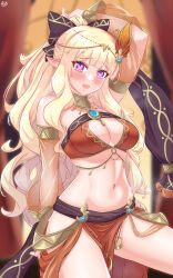Rule 34 | 1girl, absurdres, arada (corsair zero), arm behind head, arm up, armlet, bare shoulders, belly chain, bikini, blonde hair, blush, bracelet, bracer, breasts, brooch, circlet, cleavage, detached sleeves, elf, fire hair ornament, hair ornament, highres, hypnosis, jewelry, large breasts, long hair, looking at viewer, mind control, navel, neck ring, o-ring, official alternate costume, open mouth, orange bikini, pointy ears, princess connect!, purple eyes, saren (princess connect!), saren (sarasaria) (princess connect!), sarong, sidelocks, smile, solo, swimsuit, thighs, variant set, veil