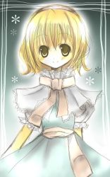 Rule 34 | 1girl, alice margatroid, arms behind back, blonde hair, capelet, dress, female focus, hairband, looking at viewer, oekaki, puffy short sleeves, puffy sleeves, red ribbon, ribbon, sash, short hair, short sleeves, smile, solo, touhou, yellow eyes