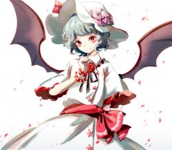 Rule 34 | 1girl, adapted costume, alternate headwear, bat wings, black ribbon, blue hair, bow, cake mogo, closed mouth, commentary, dress, english commentary, flower, frilled shirt, frilled shirt collar, frilled sleeves, frills, hat, hat flower, hat ribbon, highres, lace, looking at viewer, neck ribbon, petals, pink dress, pink flower, puffy short sleeves, puffy sleeves, red bow, red eyes, remilia scarlet, ribbon, ribbon trim, shirt, short hair, short sleeves, simple background, skirt, smile, solo, touhou, white background, white hat, wide sleeves, wings, wrist cuffs